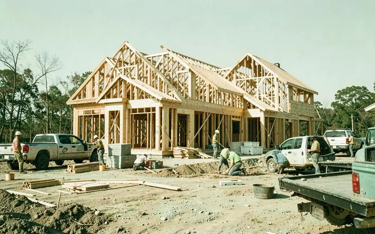 Crew working on a wood-framed house at a residential construction site