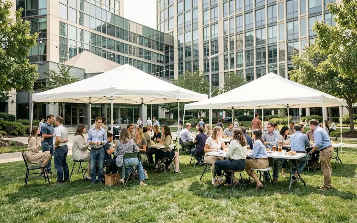 Company outdoor gathering with white canopy tents on an office campus lawn