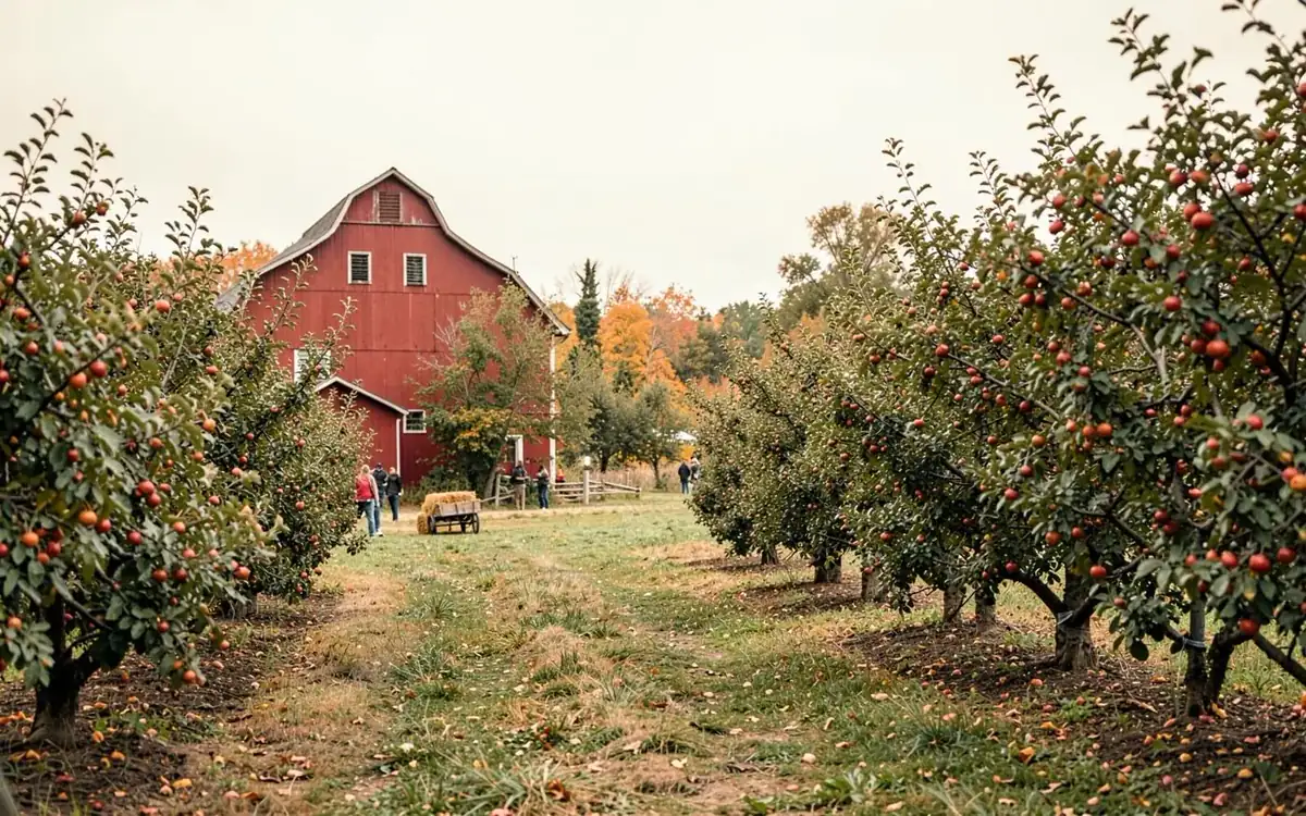 Apple orchard with a barn at the end of a gravel path in autumn