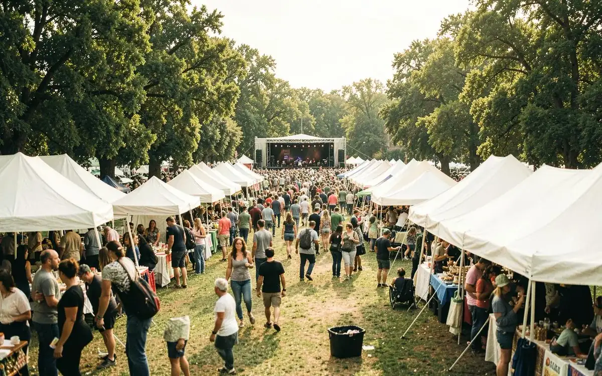 Community festival with vendor tents in an open park field