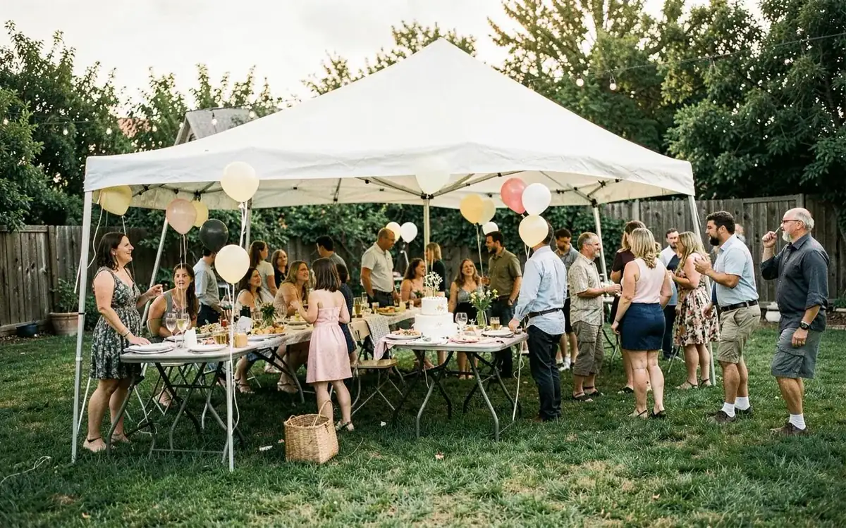 Backyard graduation party with a white tent and family gathered at tables