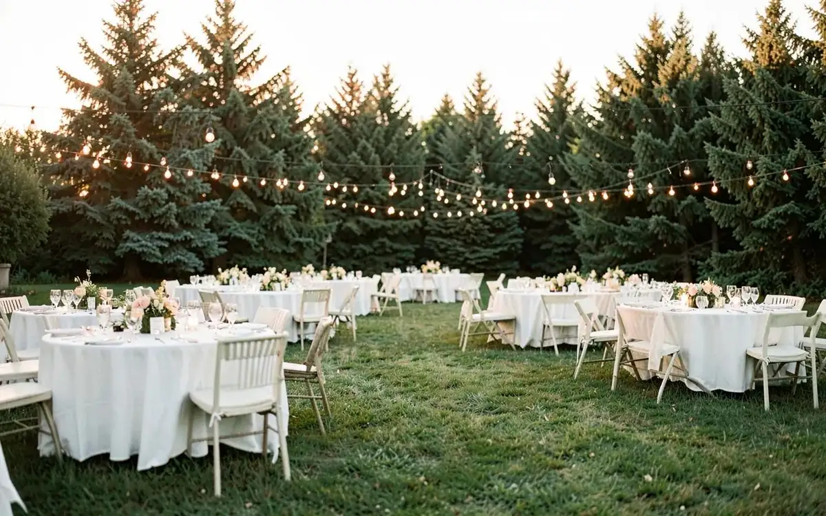 Outdoor wedding reception on a lawn beside a lake