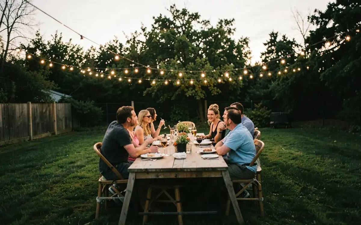Friends gathered around a long table in a backyard at dusk under string lights